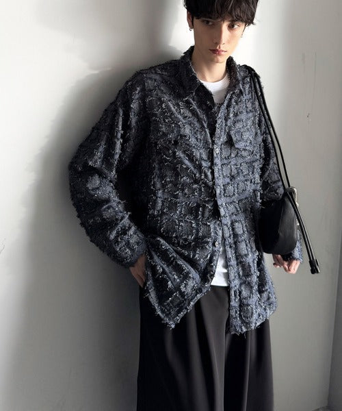 【Classical Origin】「1歩先の存在感。」フリンジ使いブロックチェックアウターシャツ（長袖）/Fringed Block Check Outer Shirt co1010021
