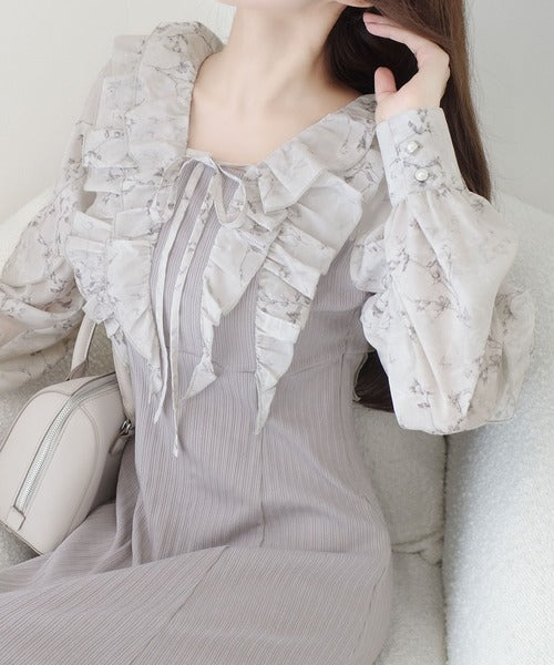 【mily bilet】上品にスタイルアップ。シャイニー花柄フリルブラウスドッキングワンピース mi1139093