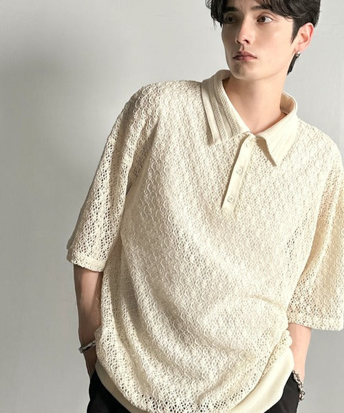 「透け感、モードの余韻。」衿ダブルライン使いレース柄ニットポロシャツ/Lace Detail Knit Polo Shirt co1010010