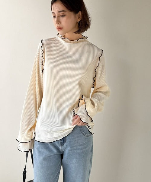 袖のニュアンスで魅せる♪前後2way袖フリル配色メロウプリーツトップス（長袖） ce1330050