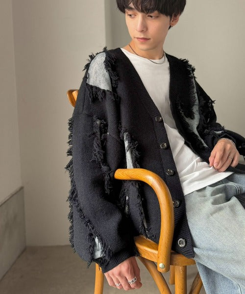 《JaVaジャバコラボ》配色×フリンジ、圧倒的存在感。配色フリンジVネックニットカーディガン jm1260632