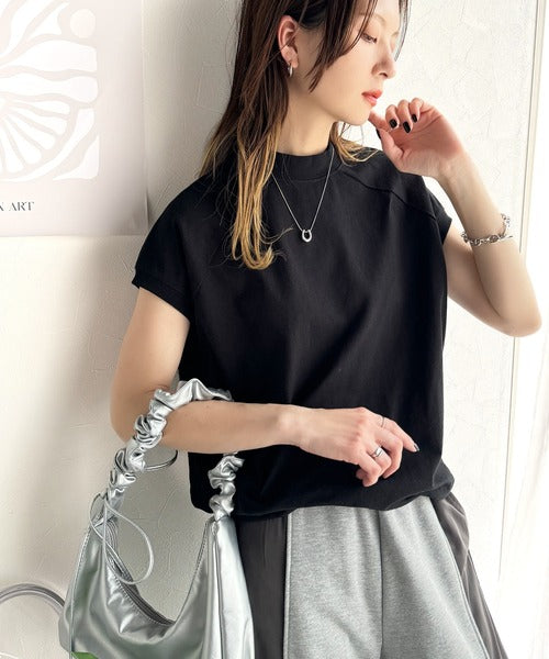 綿100%USAコットン。大人のモックネックフレンチラグラン裾ドロストシンプルTシャツ ce0780080