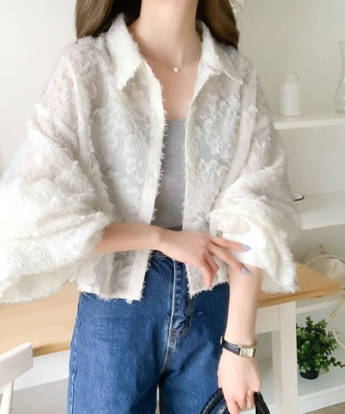 【mily bilet】１枚で華やか。シャギーシアージャガードクロップドシャツ mi1149047
