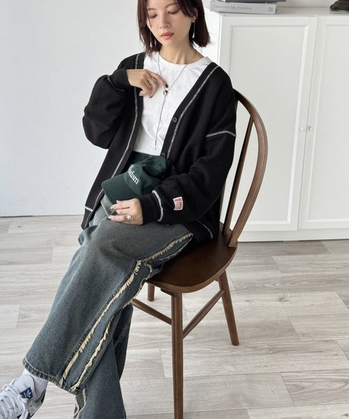 《JaVaジャバコラボ》ラフで上品な大人のゆるカジュアル。配色ステッチVネックワッフルカーディガン（長袖） jv1260505