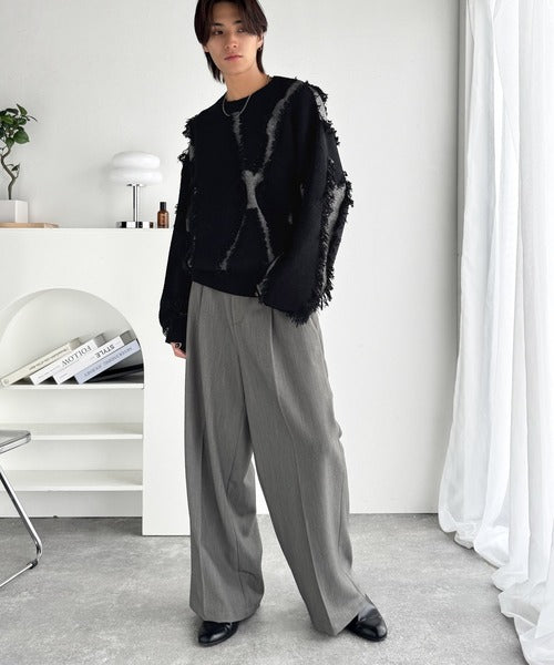 【classical origin】「着るだけで、印象派」。フリンジデザイン配色オーバーサイズニット（長袖）/Fringe design oversized long sleeve knit ao1260444