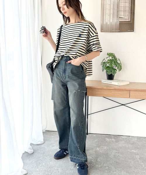 【sustaina+】ラフにキマる大人スタイル。オーガニックコットン100%オーバーサイズパネルボーダーTシャツ(半袖) ce1260324