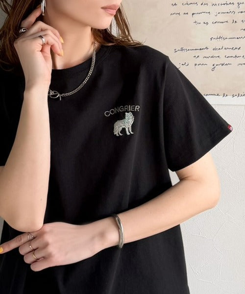 《JaVa ジャバコラボ》大人の遊び心をプラス。綿100％オオカミ刺繍Tシャツ（半袖） jv1330074