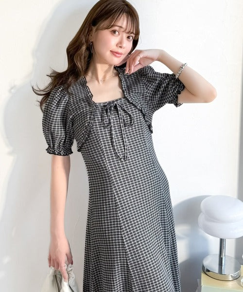 【mily bilet】ボレロ見えレイヤードでスタイルアップ。リボン付き パフスリーブドッキングワンピース (ロング丈) mi1019131
