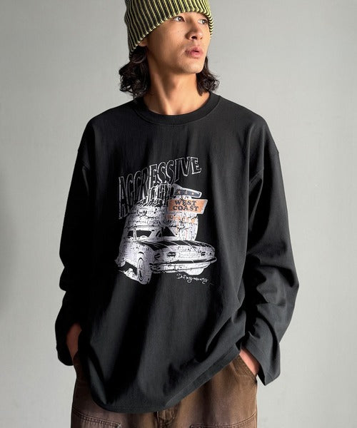 《JaVaジャバコラボ》ヴィンテージ感漂う綿100%クラシックカーグラフィックTシャツ（長袖） jo1150067