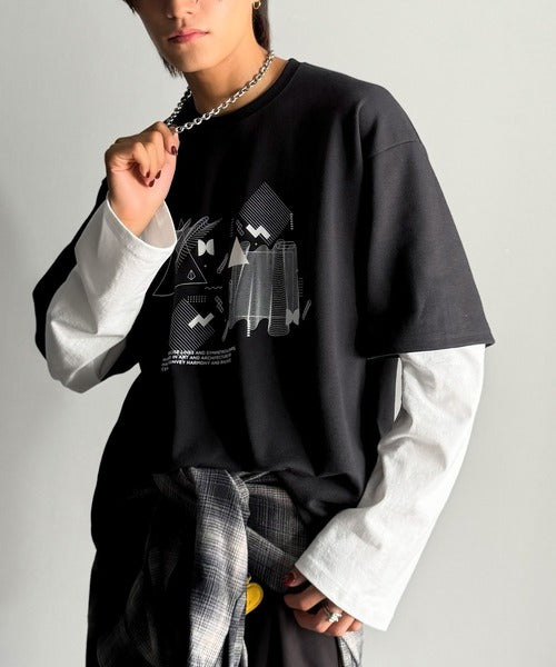 【Classical Origin】幾何学柄ポンチ素材レイヤードTシャツ(長袖)／Geometric Pattern Ponte Layered T-Shirt co1150050
