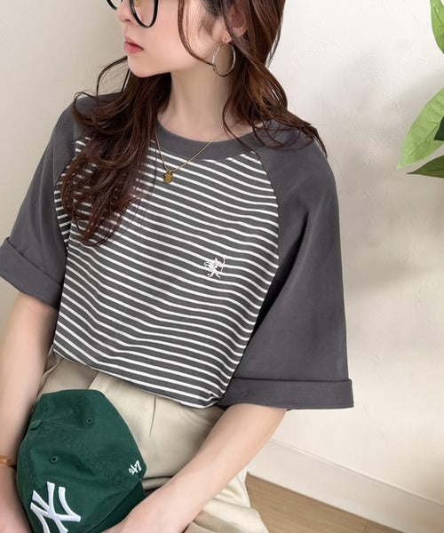 《JaVaジャバコラボ》お洒落迷子の救世主。綿100％胸刺繍ラグラン配色ボーダーTシャツ jv1260558