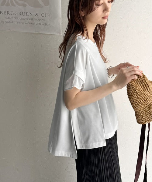 大人の女性を魅力的に引き立てる。袖口シアー切り替え 半袖 Tシャツ ce1110095