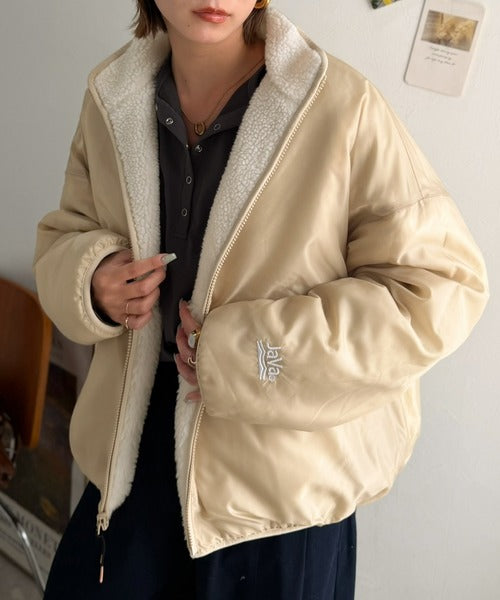 《JaVaジャバコラボ》ほっこり可愛い♪大人のもこもこボア切り替えスタンドネックブルゾン(ミドル丈) jv1265093
