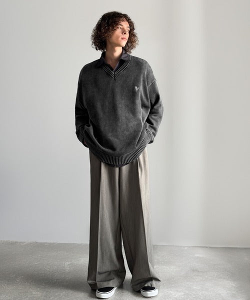 【Classical Origin】「自分ウケ最強。」綿100％刺繍入りピグメント加工Vネックセーター／Pigment-Dyed 100% Cotton Embroidered V-Neck Sweater co0780016