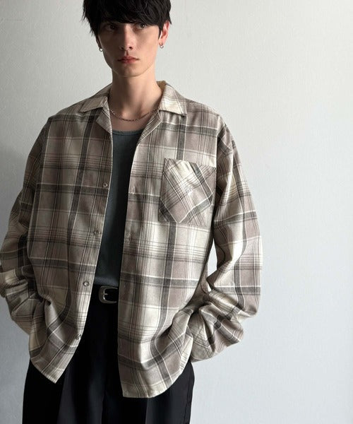 【Classical Origin】自然体のカッコよさ。ヴィンテージ風チェック柄オープンカラーシャツ（長袖）/Vintage-style check pattern open collar shirt co1010024