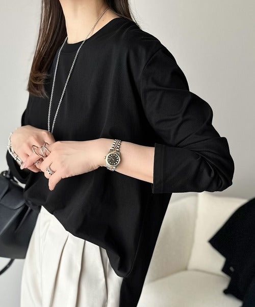 品よく、楽ちん。大人の余裕が漂う。シルケット素材 レイヤード ラウンドヘム 長袖 ロンTEE ce1020296
