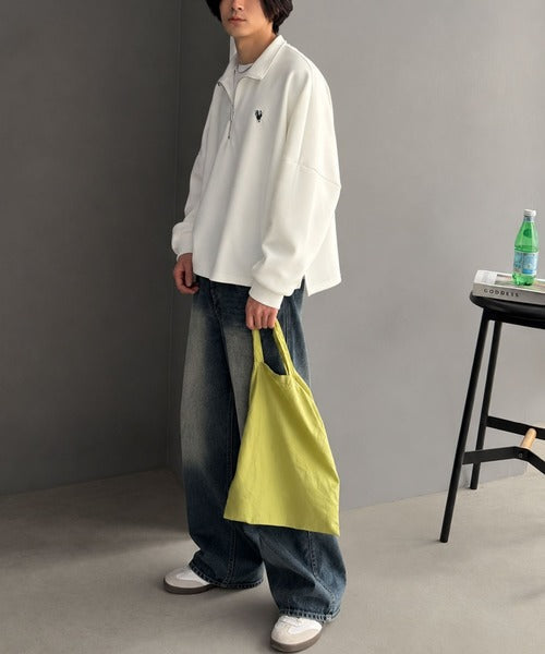 胸刺繍ダンボール素材オーバーサイズショート丈ドルマンスリーブハーフジッププルオーバー（長袖）／Chest Embroidered Double-Knit Oversized Cropped Dolman Sleeve Half-Zip Pullover co1010072
