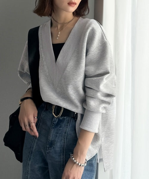 「大人の余裕感」をまとえる！Vネックダンボールカットソー（長袖） ce1110155