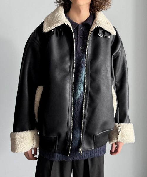 【Classical Origin】「ずっしりかっこいい。」2way襟ボア切り替えフェイクレザージャケット／2way Boa Collar Faux Leather Jacket co1150081