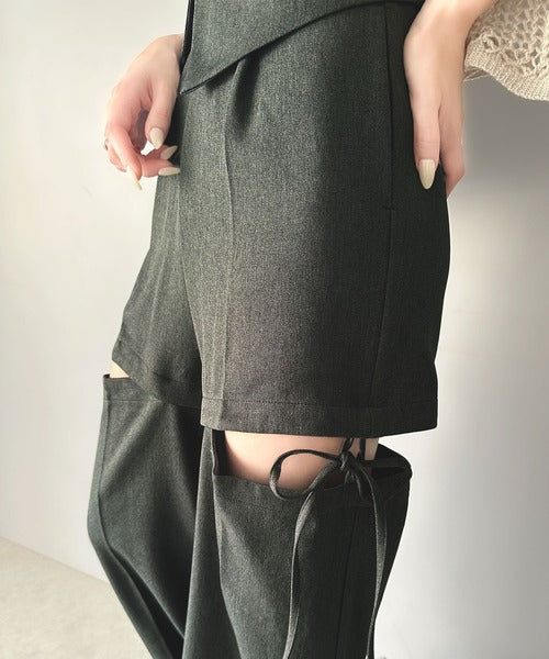 【mily bilet】大人ガーリーボトム。ウエスト折り返しリボンストラップ２WAYセンタープレスハイウエストワイドスラックスパンツ mi1329005