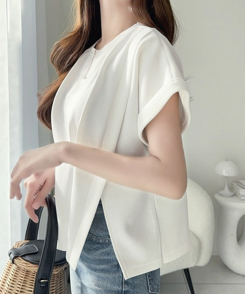 【mily bilet】ウエストラインを細魅せ♪スリット入りタックデザインカットソートップス（半袖） mi1329074