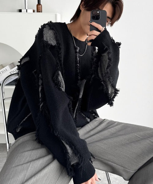 【classical origin】「着るだけで、印象派」。フリンジデザイン配色オーバーサイズニット（長袖）/Fringe design oversized long sleeve knit ao1260444