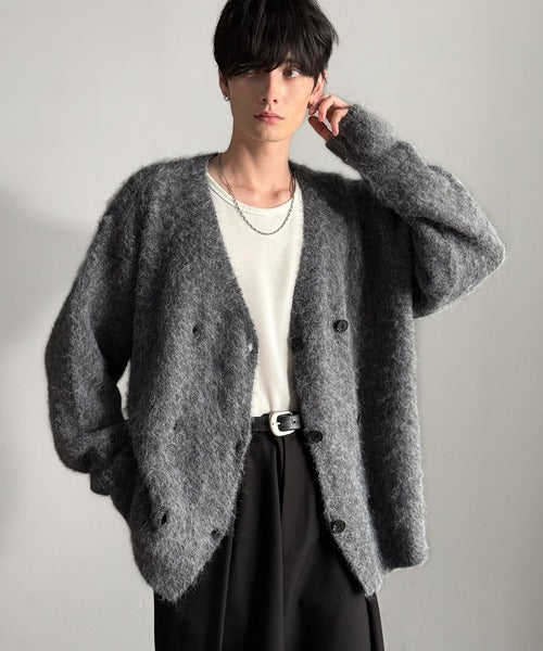 【Classical Origin】「アートな1着。」ミックスシャギー素材ダブルテーラードニットカーディガン／Mixed Shaggy Double-Tailored Knit Cardigan co0780011