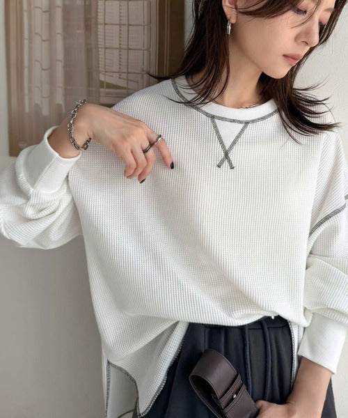 《JaVaジャバ 別注》シンプルなのに格上げ。2way配色ワッフルロンTee jv1260065