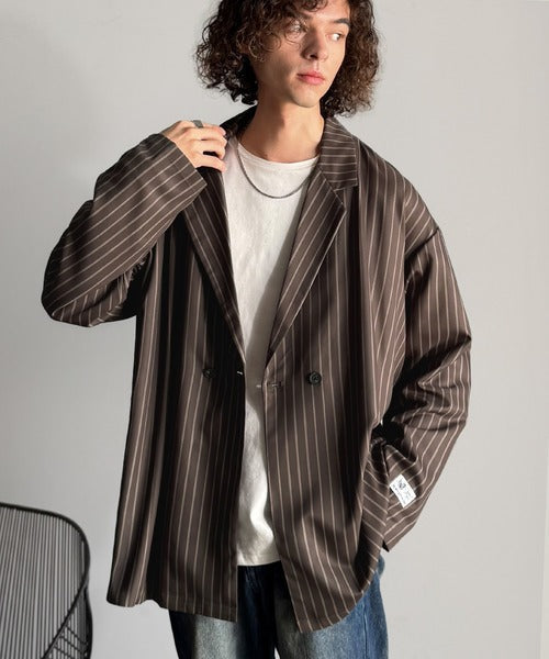 【Classical Origin】「さっと羽織れる。」ストライプ柄ドレープテーラードシャツジャケット／Relaxed Draped Tailored Stripes Shirt Jacket co1150041