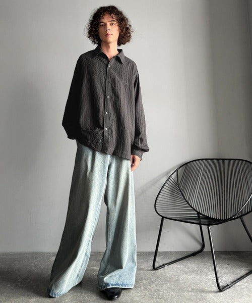 【Classical Origin】「凹凸感の存在感。」綿100％胸元刺繍入りドビー織シャツ（長袖）／Dobby Weave  Embroidered Shirt co1320003