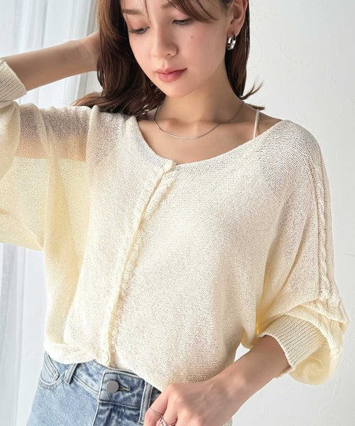【mily bilet】トレンド感あるシアー素材が魅力。マルチWAY透かし編みケーブル柄切り替えニットカーディガン mi1259006