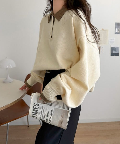 《JaVaジャバコラボ》たっぷりポロが可愛い。配色襟付きヘンリーオーバーサイズニット (長袖) jv1350020