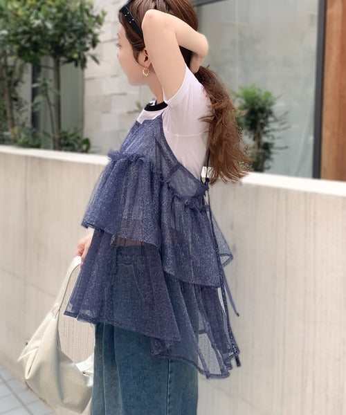 【mily bilet】大人の華やぎレイヤードアイテム。ラメチュールティアードキャミソール mi1149058