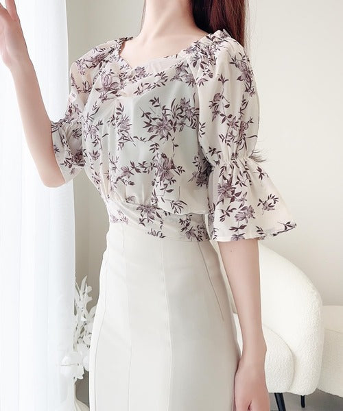 【mily bilet】着るだけで気分華やぐ♪花柄キャンディースリーブブラウス mi1139040