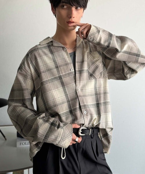 【Classical Origin】自然体のカッコよさ。ヴィンテージ風チェック柄オープンカラーシャツ（長袖）/Vintage-style check pattern open collar shirt co1010024