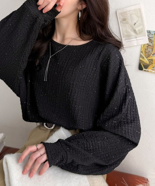 きらめき×立体感で、シンプルコーデを今っぽく。ラメ入りジャガード素材サイド切り替えプルオーバー（長袖） ce1350028