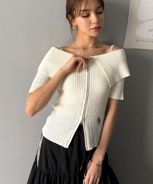 【mily bilet】抜け感レディースタイル。ロゴ刺繍オフショル２WAYダブルジップケーブル柄サマーニット（半袖） mi1029121