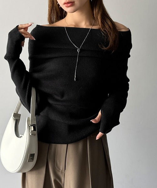 【mily bilet】立体的なシルエットが叶えるデコルテ魅せ♪指穴ドレープ使いファンオフショル２WAYリブニット mi1029137