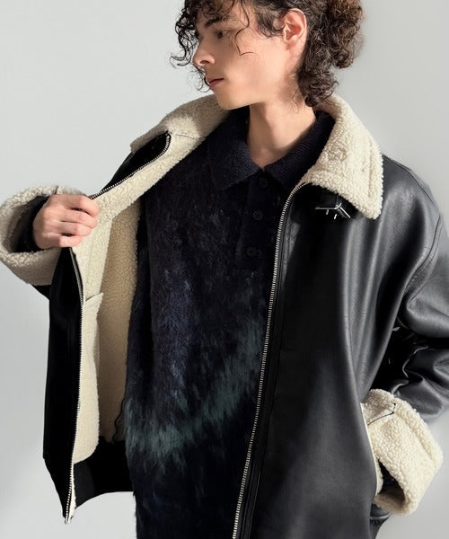 【Classical Origin】「ずっしりかっこいい。」2way襟ボア切り替えフェイクレザージャケット／2way Boa Collar Faux Leather Jacket co1150081