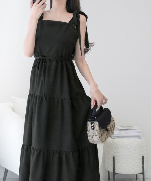 【mily bilet】上品な大人の甘さ惹き立てる、麻ライクなリボン使いキャミティアードワンピース（ロング） mi0789008