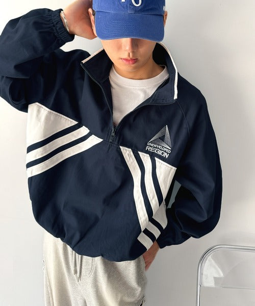 《Javaジャバコラボ》大人のスポーティMIXに差をつける。綿100％刺繍入り配色ラインハーフジッププルオーバー jm1010307