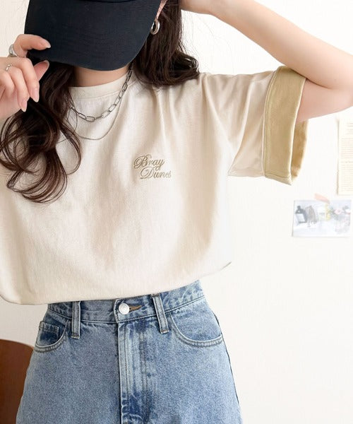 《JaVaジャバコラボ》大人の色魅せ、軽やかに映える。綿100％ 胸刺繍入り 袖配色切り替え Tシャツ（半袖） jv1330106