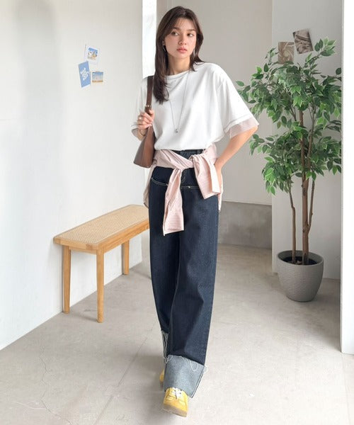 《JaVa ジャバコラボ》異素材ミックスで魅せる、大人のこなれ感。チュールドッキング配色ステッチトップス（半袖） jv1330094