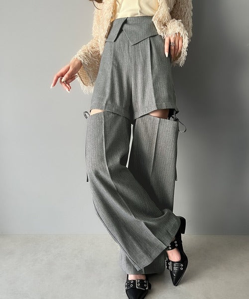 【mily bilet】大人ガーリーボトム。ウエスト折り返しリボンストラップ２WAYセンタープレスハイウエストワイドスラックスパンツ mi1329005