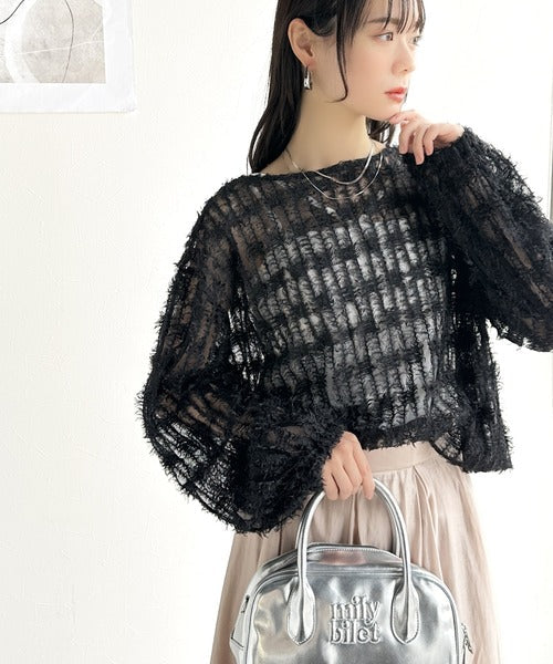 【mily bilet】上質なフェザー素材が生み出す。ふんわり感が魅力の前後2WAYシアーフリンジチュールカーディガン（長袖） mi1019070