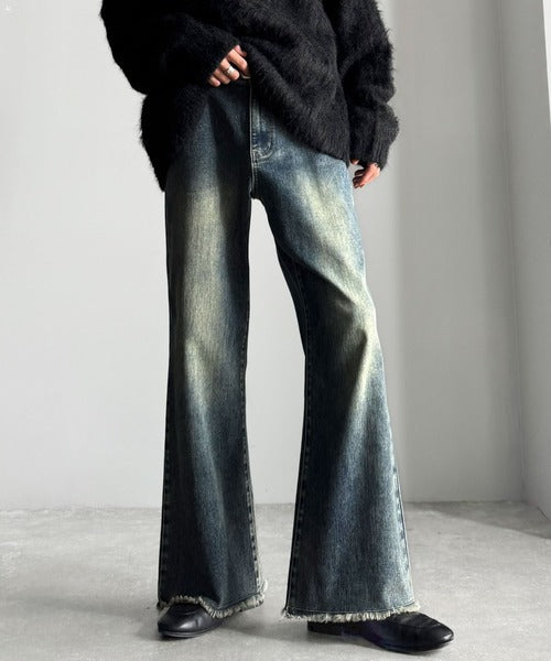 【Classical Origin】「スタイル盛れる。」ブラスト＆裾フリンジ加工ストレッチ素材スリムフレアデニムパンツ／Blasted & Fringed Stretch Slim Flare Denim Pants co0900008