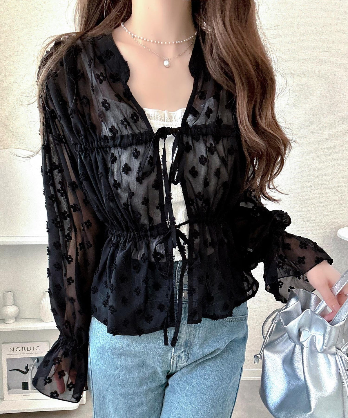 【mily bilet】透け感シフォンでつくる、大人の可憐スタイル。花柄シフォンカーデブラウス（長袖） mi1019105