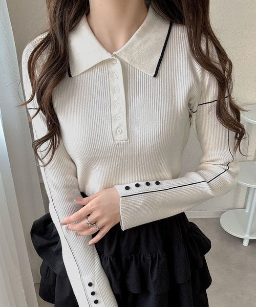 【mily bilet】配色ラインがポイント♪上品なポロ襟リブニット mi1029160