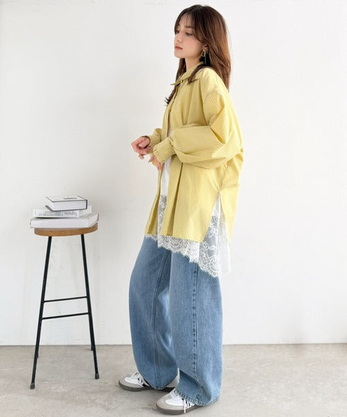 大人のきれいめカジュアル、体型も美しくカバー。裾レースカットソードッキングTシャツ（長袖） ce1020364