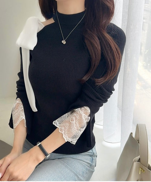 【mily bilet】大人フェミニンの主役トップス。肩シフォンリボン袖レース使いリブニット mi1029170
